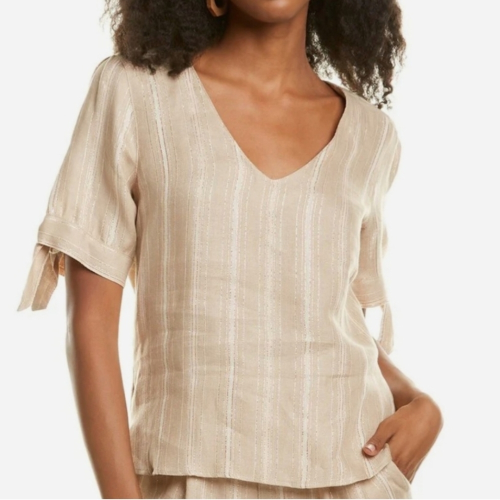 Maven West Linen Striped Shimmer V Neck Short Tie Sleeves Blouse Top Sz Large